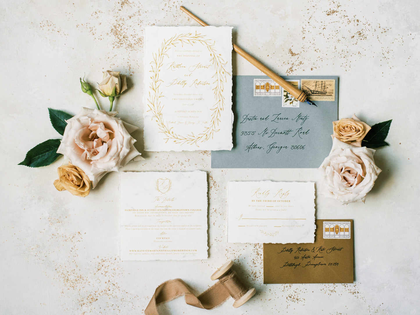 Torn Edges Marble Wedding Invitation in Ivory, Antique Gold & Sage Green — Calligraphy Wreath Monogram Crest, Envelope Liner and Addressing
