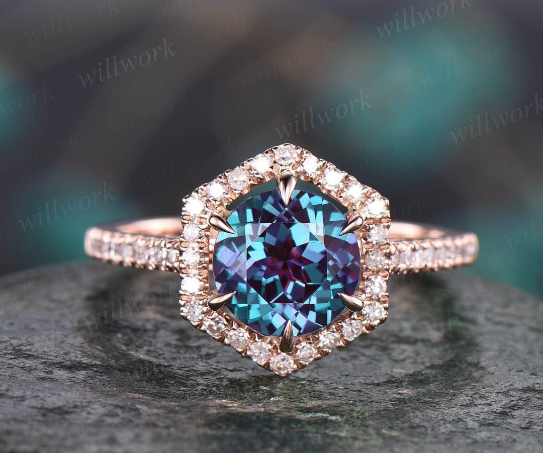 Hexagon Halo Diamond Ring 7mm Round Shaped Alexandrite Engagement Ring Rose Gold Ring For Women Jewelry Unqiue Wedding Ring Bridal Ring Gift