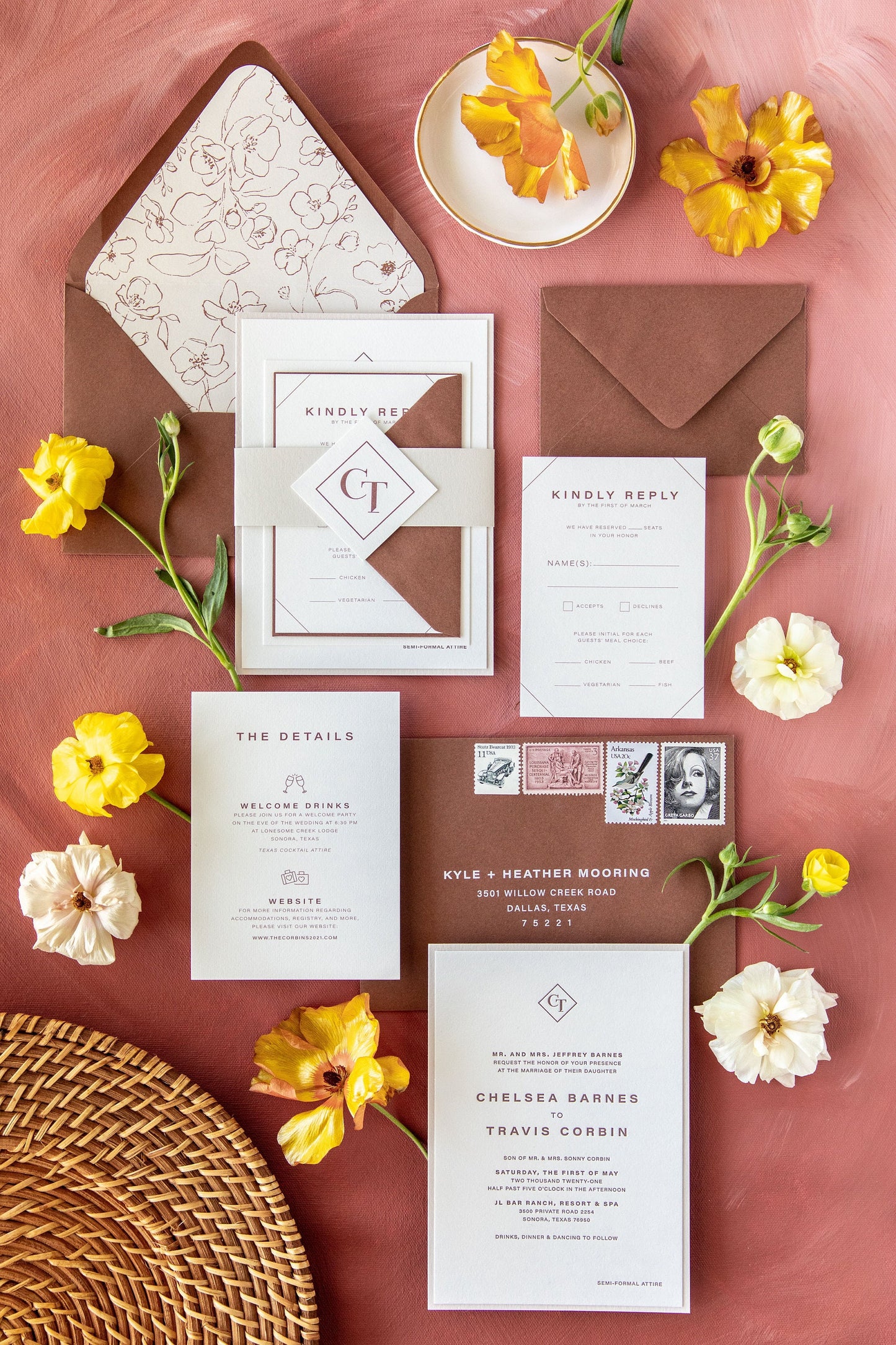 Monogram Wedding Invitation, Letterpress in Sepia and Sienna Brown Tones with Delicate Floral Envelope Liner & Belly Band — Different Colors