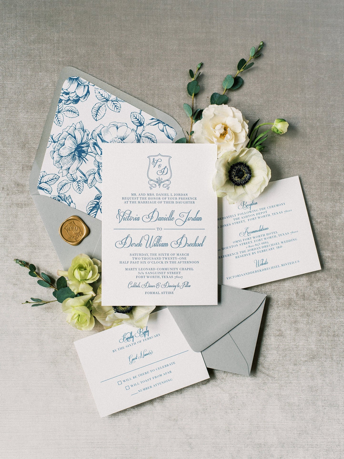 Formal & Traditional Monogram Crest Wedding Invitation with Vellum Belly Band and Gold Wax Seal in Grey, Navy and Slate Blue — Other Colors!