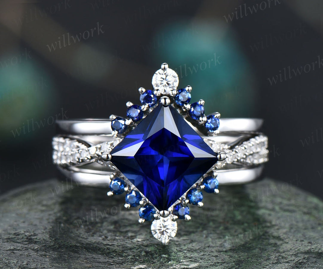 3pcs Sapphire Bridal Ring Set Unique Princess Cut Sapphire Engagement Ring Set White Gold Vintage Infinity Diamond Ring Dainty For Women