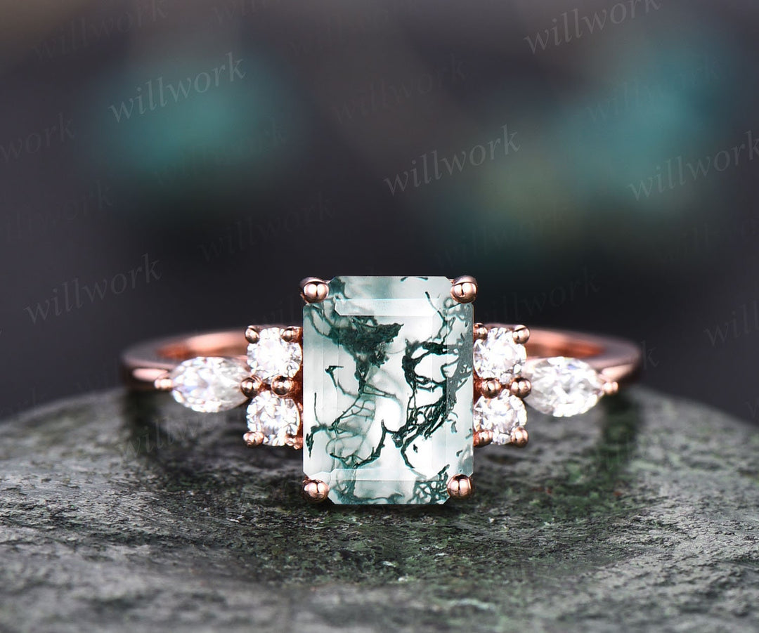Emerald Cut Moss Agate Engagement Ring 14k Rose Gold Art Deco Unique Vintage Green Moss Agate Ring Silver 7 Stone Moissanite Ring For Women