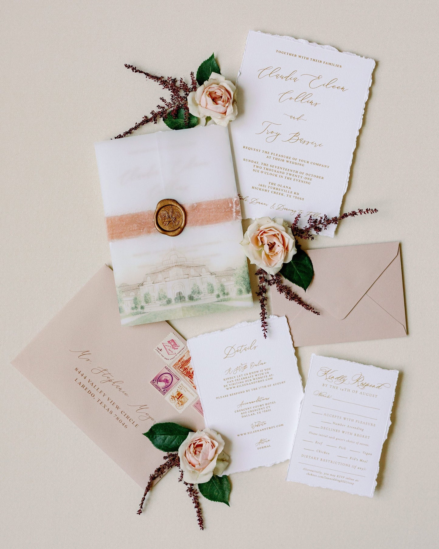 Custom Water Color Illustration of Wedding Venue on Vellum Wrap with Torn Edges, Calligraphy, Velvet and Wax Seal - Other Colors Available