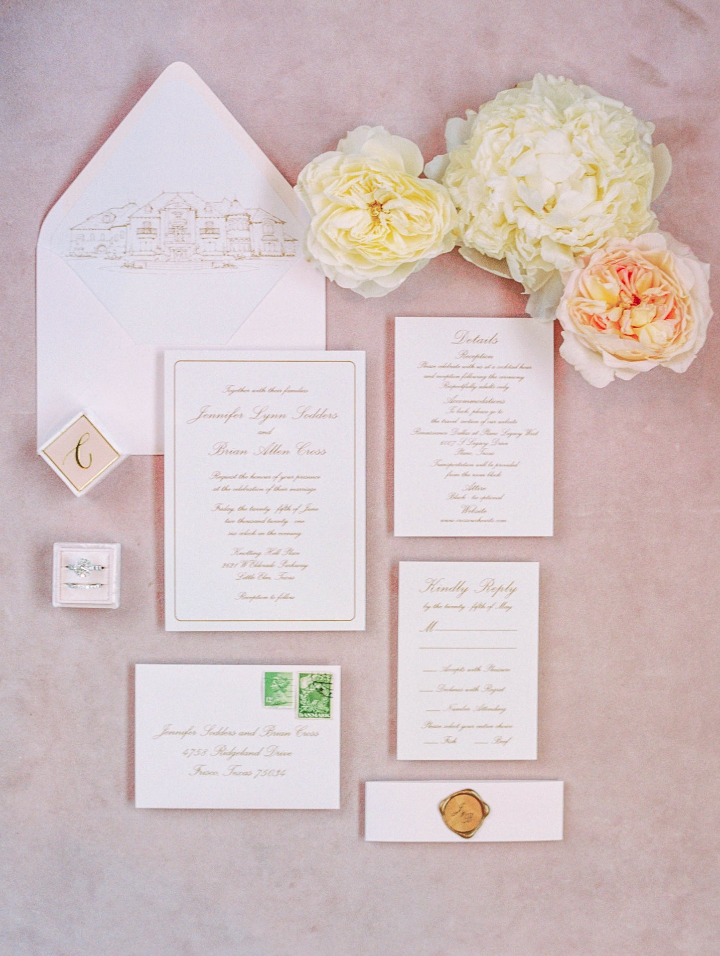 Light Pink Blush and Champagne Gold Modern Minimal Wedding Invitation Suite with & RSVP — Different Colors Available!
