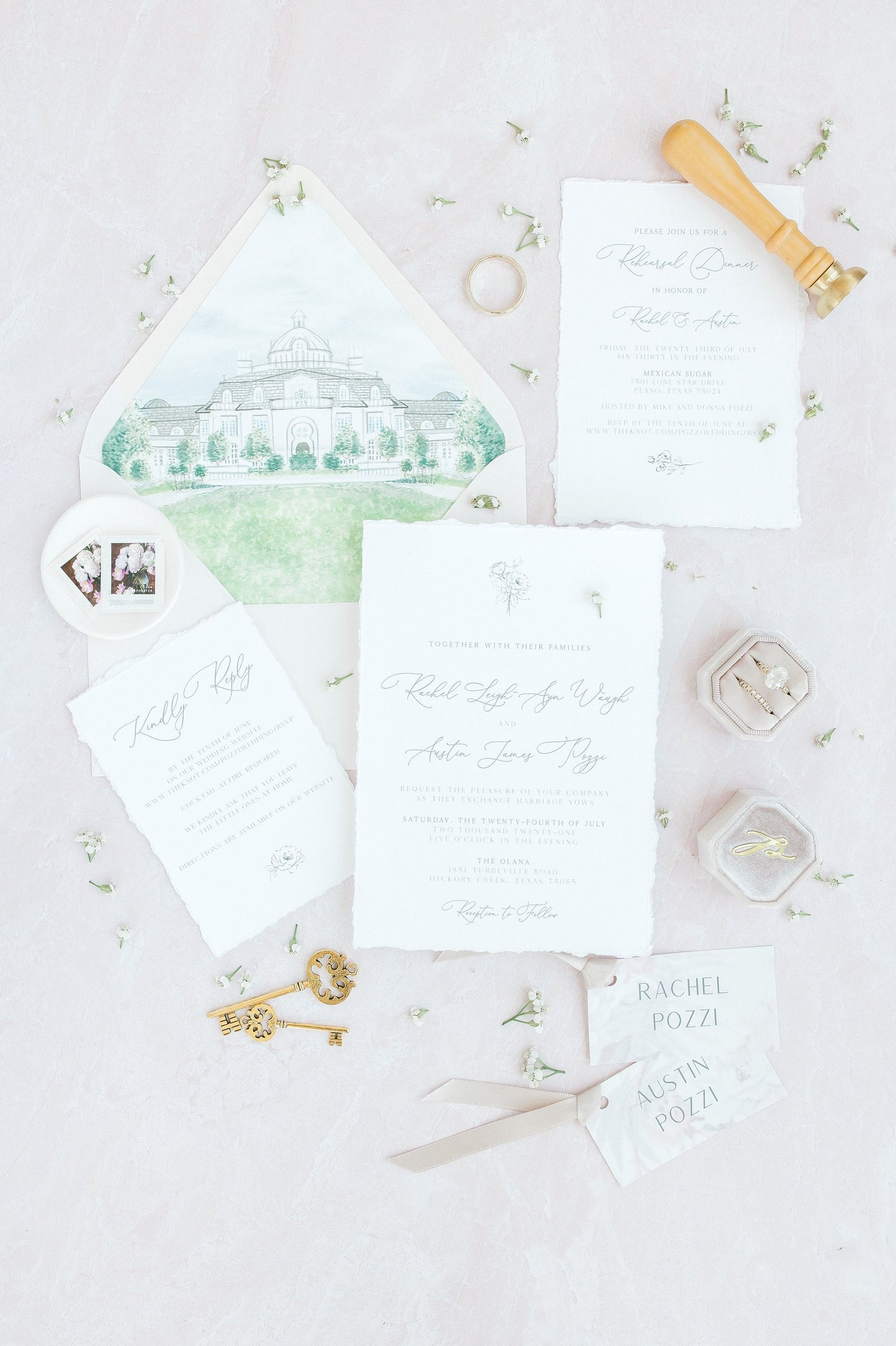 Delicate Floral Wedding Invitation with Water Color Venue Illustration, Calligraphy, Ivory and Pink — Envelope Liner, Guest Address Printin