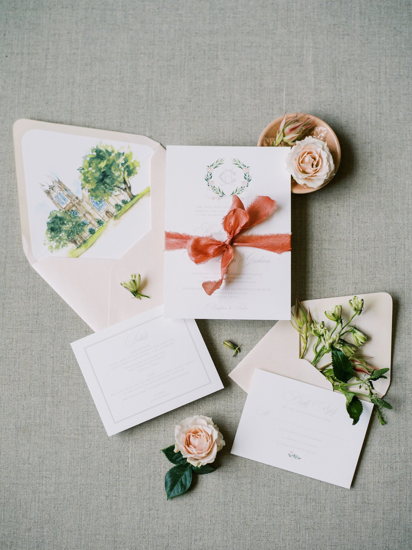 Wedding Invitation with Custom Water Color Monogram, Venue & Map Illustration in Taupe, Soft Pink and Calligraphy Script — Different Colors