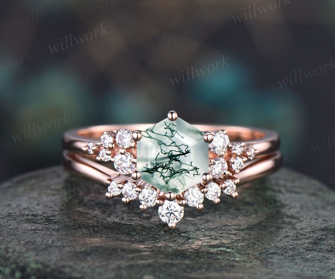 Hexagon Cut Green Moss Agate Ring Gold Silver Vintage Snowdrift Engagement Ring Set Alternative Unique Engagement Ring Bridal Ring Set Women