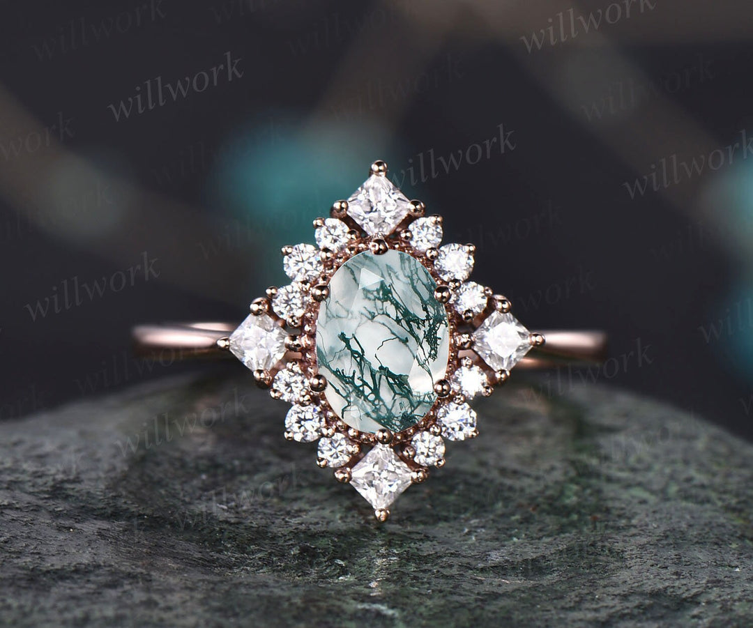 Green Moss Agate Wedding Ring Women 1ct Oval Moss Agate Engagement Ring Rose Gold Halo Princess Cut Moissanite Ring 6 Prong Promise Ring