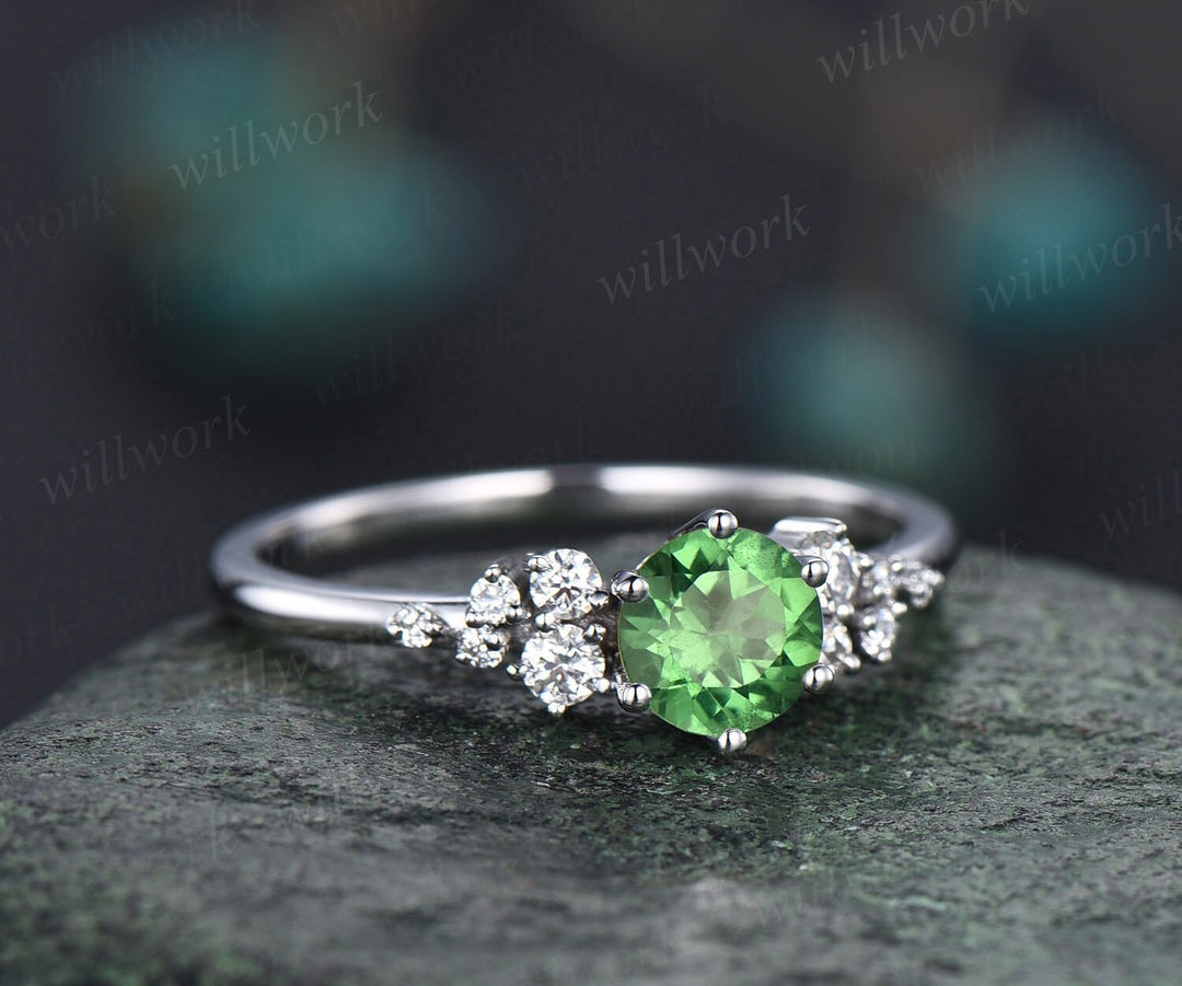 0.5ct Natural Tsavorite Ring Round Cut Tsavorite Engagement Ring White Gold Snowdrift Diamond Ring 6 Prong Dainty Unique Wedding Ring Women