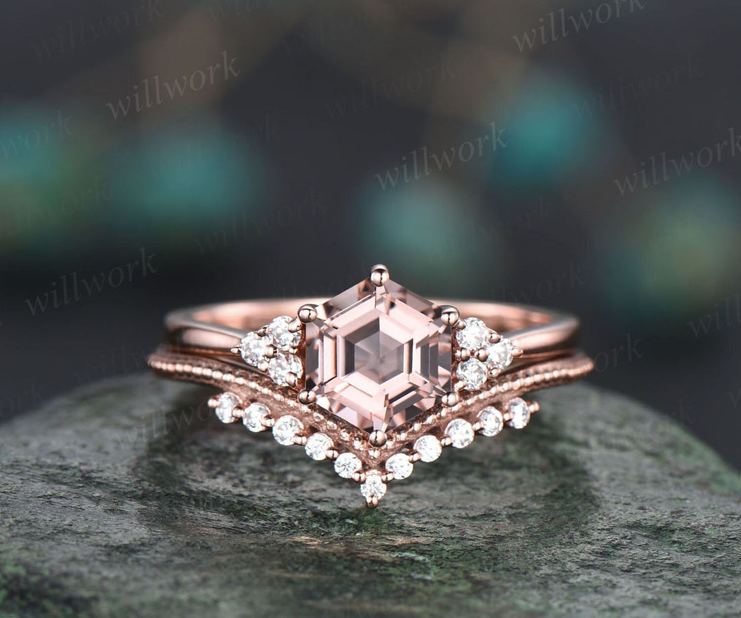 Hexagon Cut Pink Morganite Engagement Ring Set For Women 14k Rose Gold Round Diamond Ring Vintage Unique Bridal Wedding Promise Ring Set