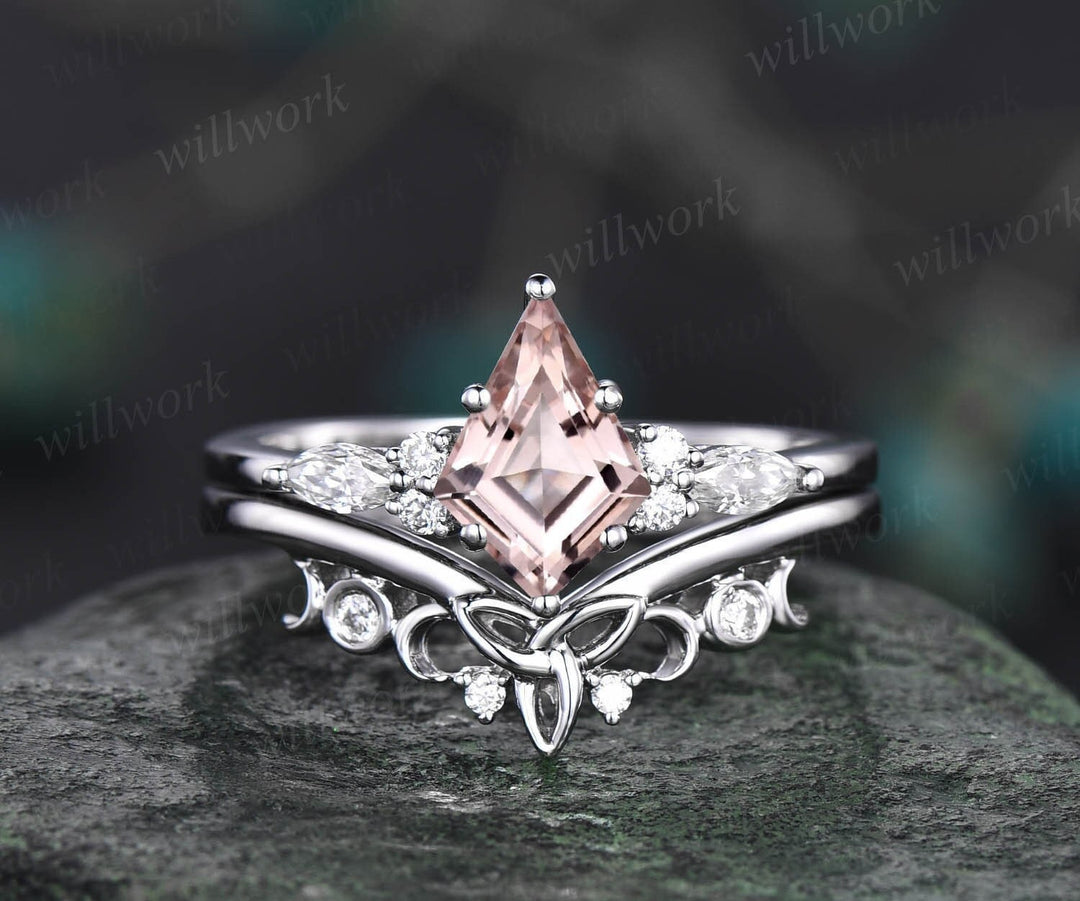 1ct Pink Morganite Ring Vintage Kite Cut Morganite Engagement Ring Set White Gold Art Deco Diamond Ring Unique Anniversary Ring Set Women