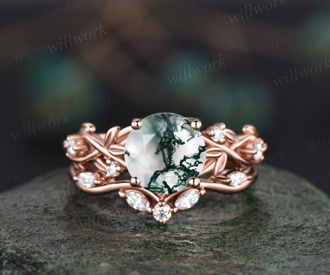 2ct Twig Round Cut Green Moss Agate Engagement Ring Set 14k Rose Gold Five Stone Leaf Branch Nature Inspired Diamond Wedding Ring Set Women