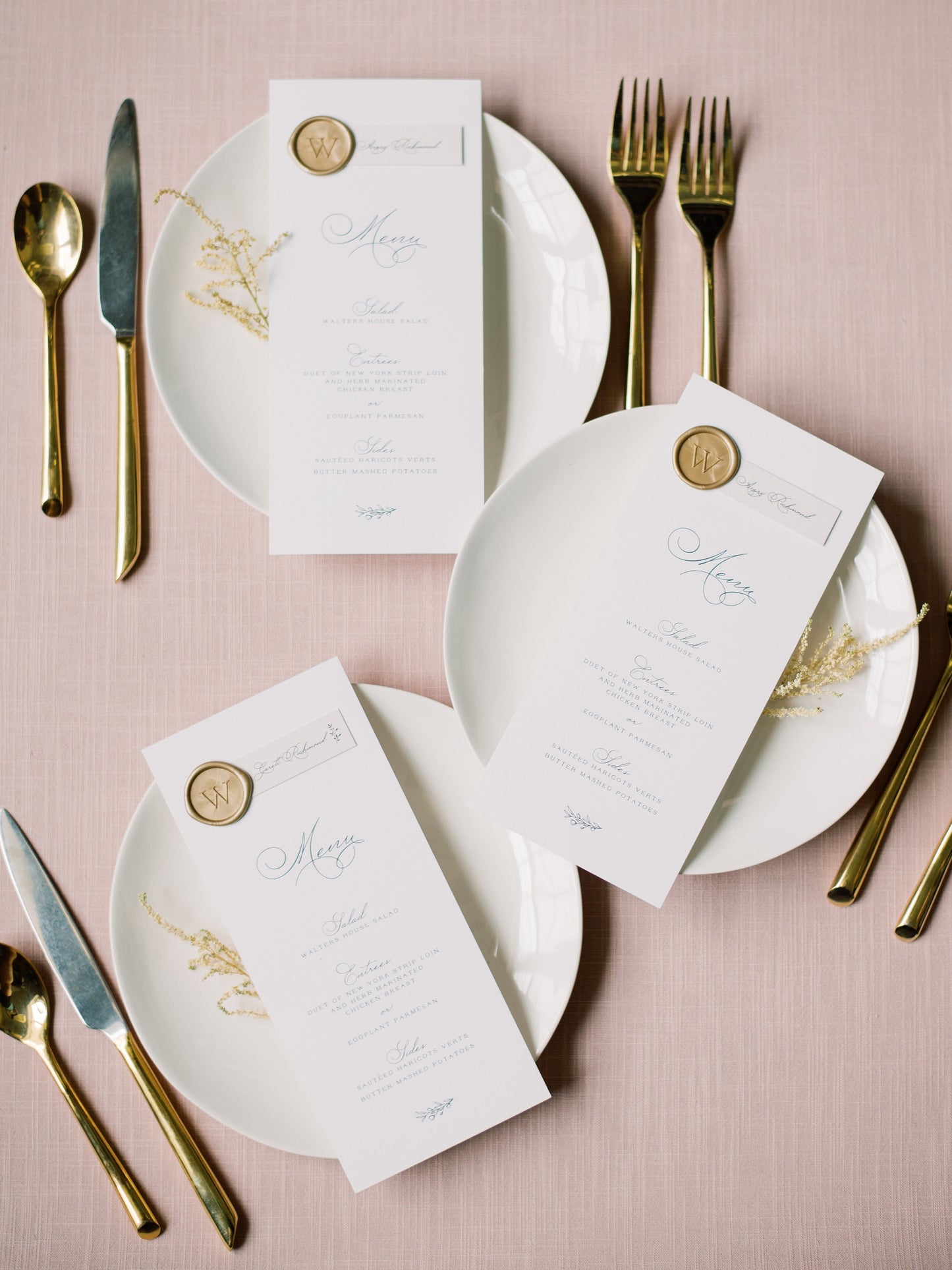 Place Card + Wedding Menu Combo in Grey, Ivory & White with Ripped Edges, Calligraphy Script and Wax Seal, Printed Menu — Other Colors!