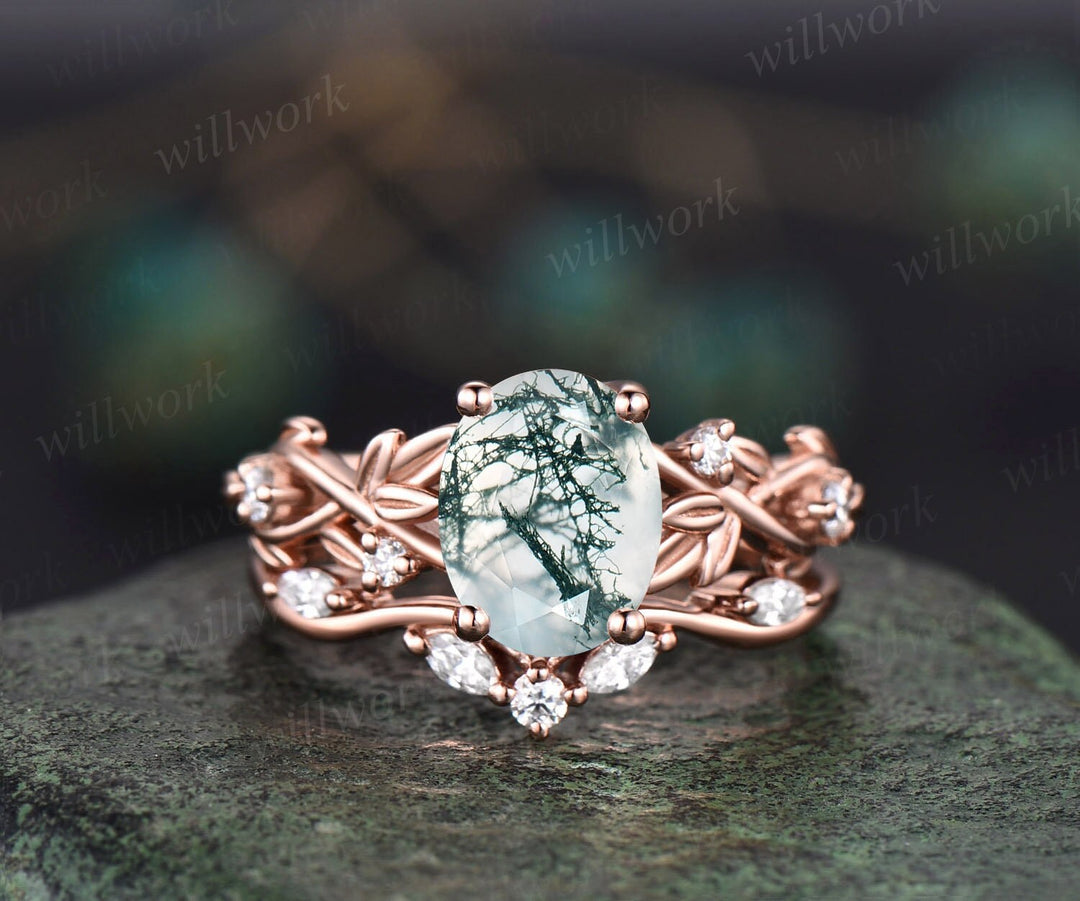 2ct Twig Oval Cut Moss Agate Engagement Ring Set 14k Rose Gold Five Stone Leaf Branch Nature Inspired Ring Diamond Bridal Ring Set For Women