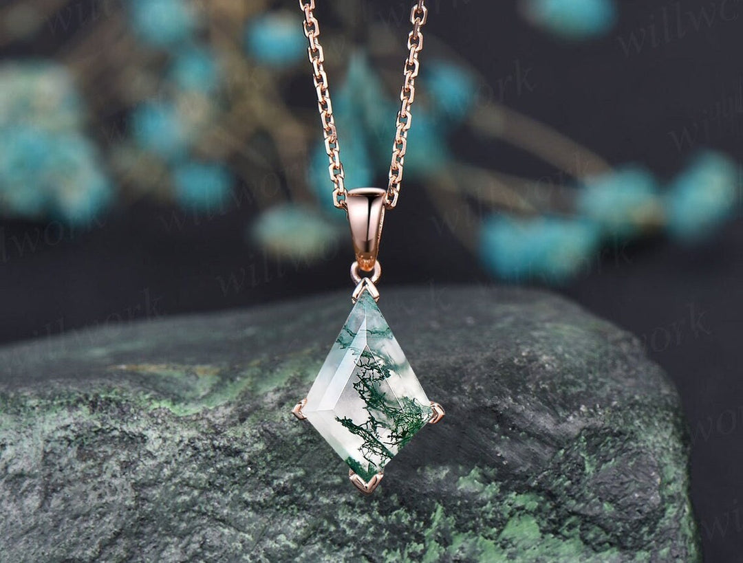 Kite Natural Moss Agate Necklace Solid 14k 18k Rose Gold Vintage Unique Personalized Pendant For Women Her Anniversary Bridal Gift Mother
