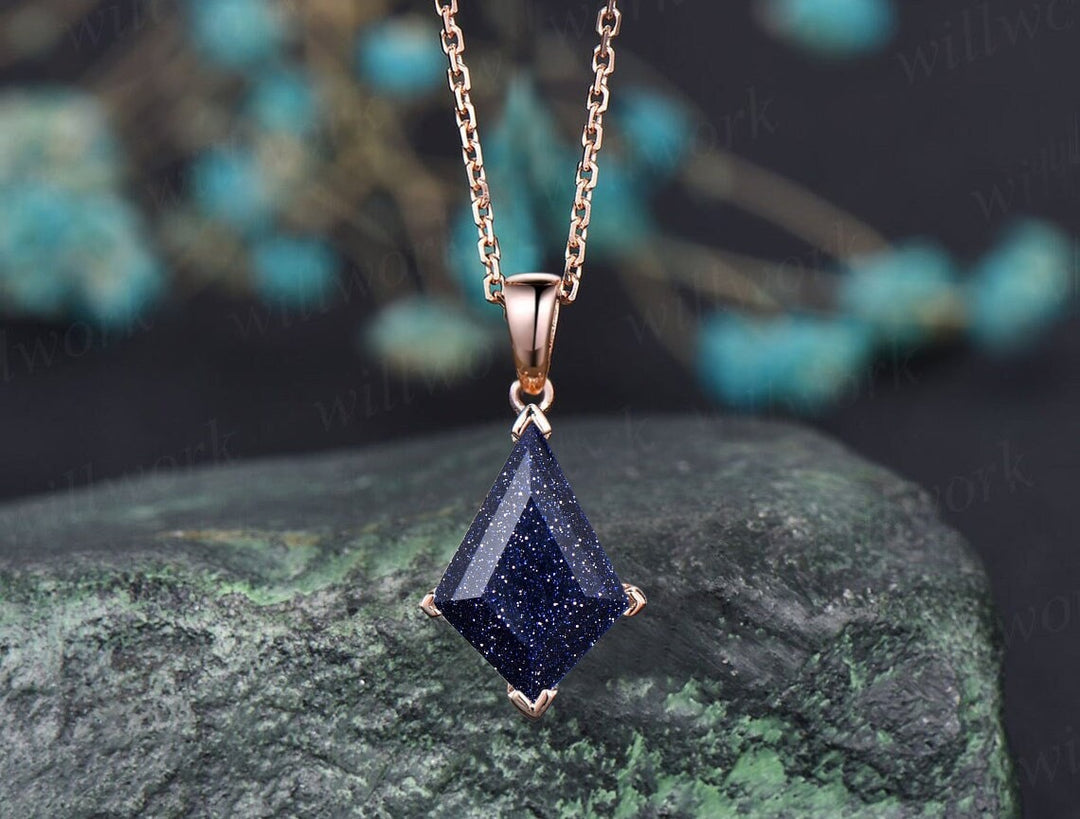 Kite Blue Sandstone Necklace Solid 14k 18k Rose Gold Vintage Unique Personalized Pendant Women Her Gemstone Anniversary Bridal Gift Mother