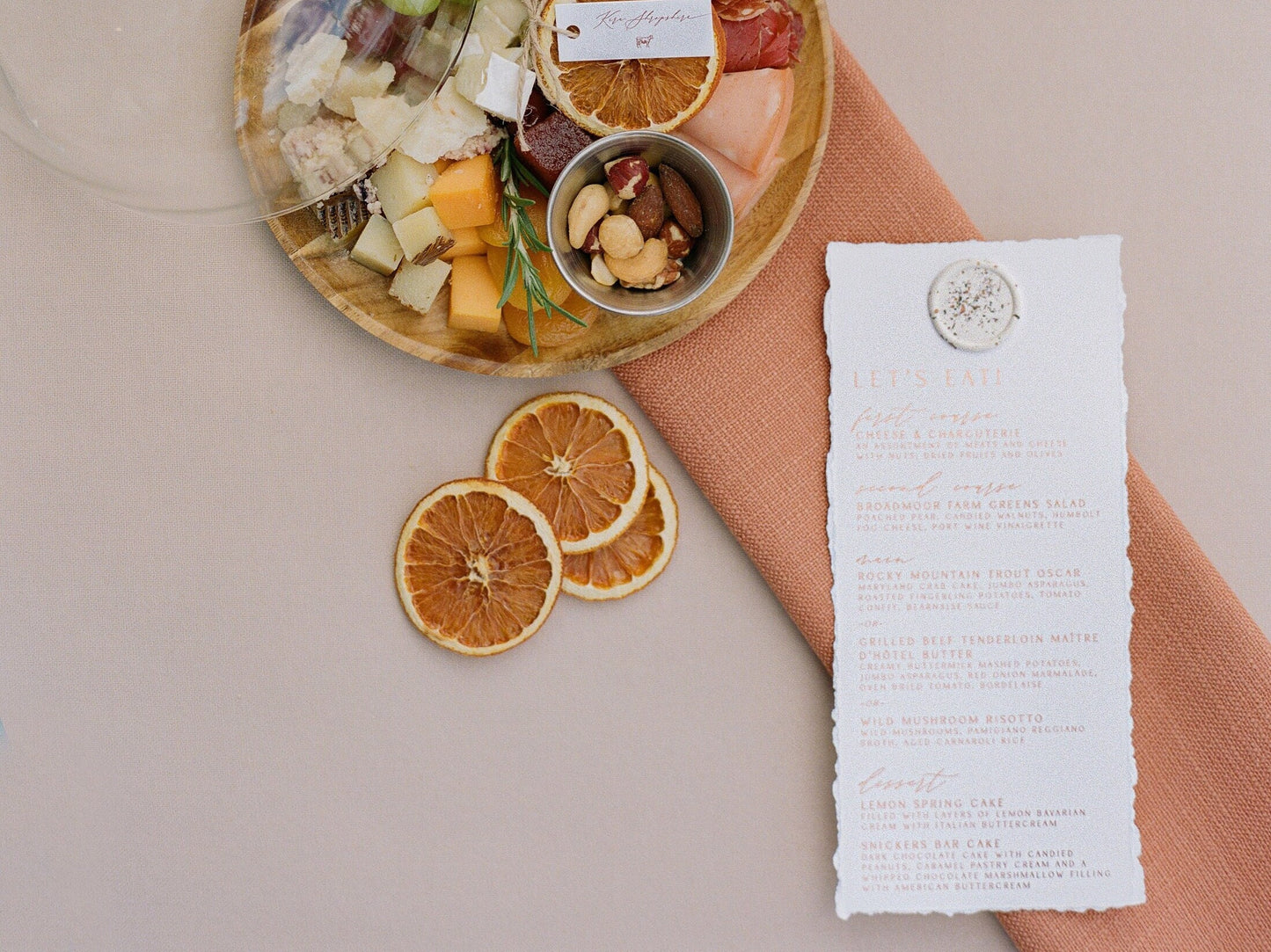 Hand Deckled Edges Menu in Copper Foil with White Wax Seal with Modern Calligraphy — Printed Wedding Menu - Other Colors Available!