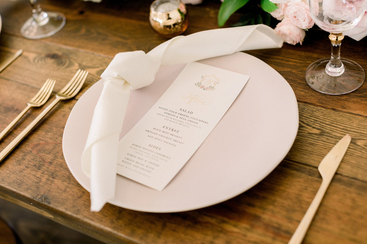 Water Color Monogram Wedding Menu in Pale Pink and Gold with Elegant Modern Calligraphy Script — Available in Other Colors!