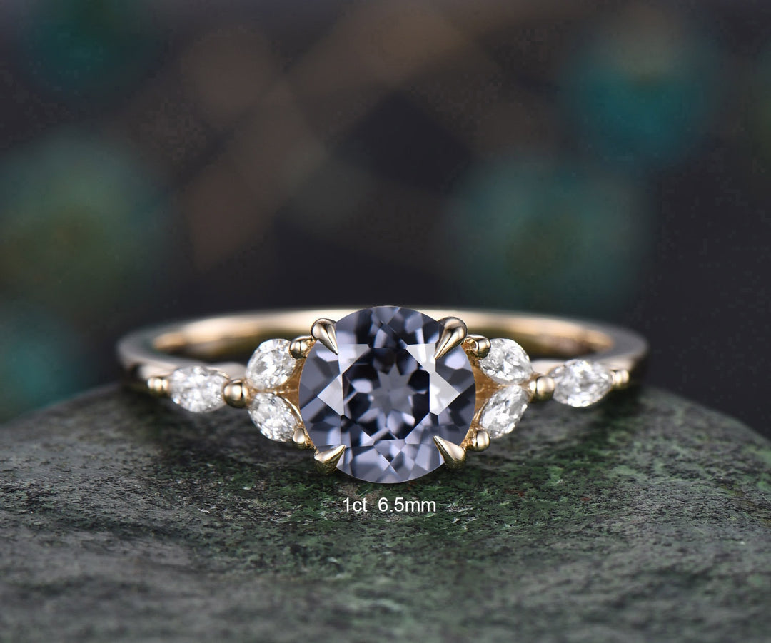 1ct Round Cut Gray Spinel Ring Vintage Unique Engagement Ring Solid 14k Yellow Gold Cluster Marquise Diamond Promise Wedding Ring Women