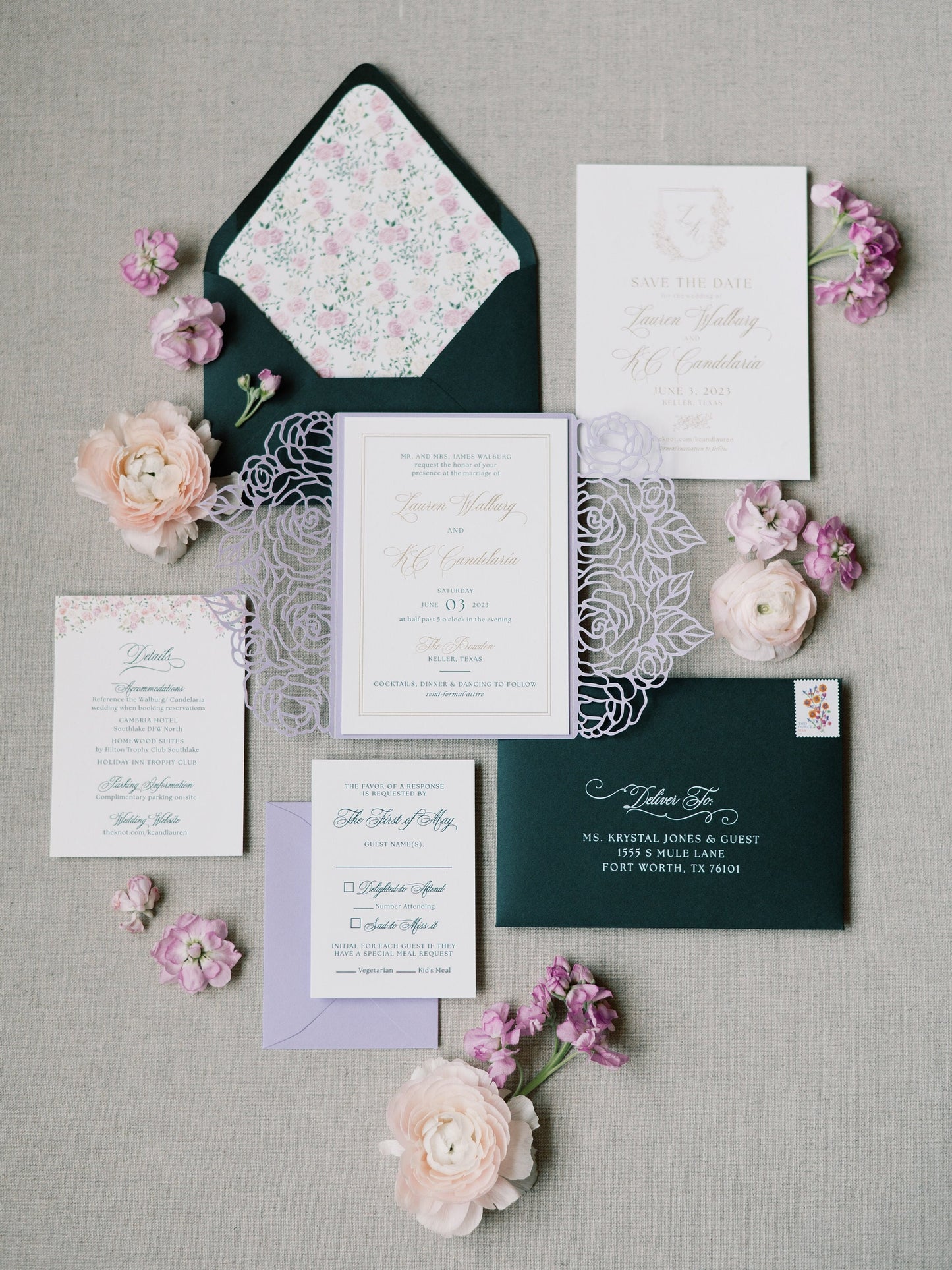 Gold Foil Stamp Wedding Invitation with Laser Cut Rose Gate Card, Floral Water Color Monogram Crest in Blush, Lavender & Green — Other Color