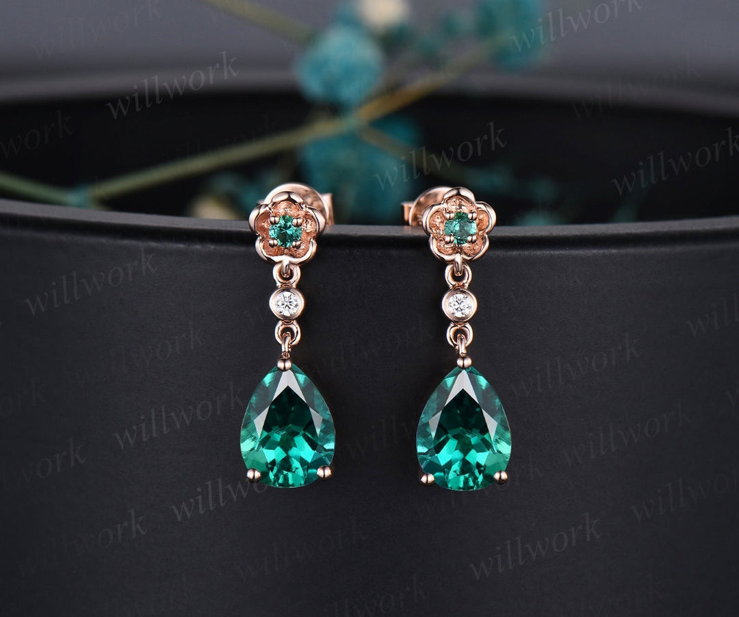 Floral Pear Shaped Green Emerald Earrings Rose Gold Three Stone Bezel Diamond Flower Drop Earrings Women Anniversary Gift For Her Jewelry