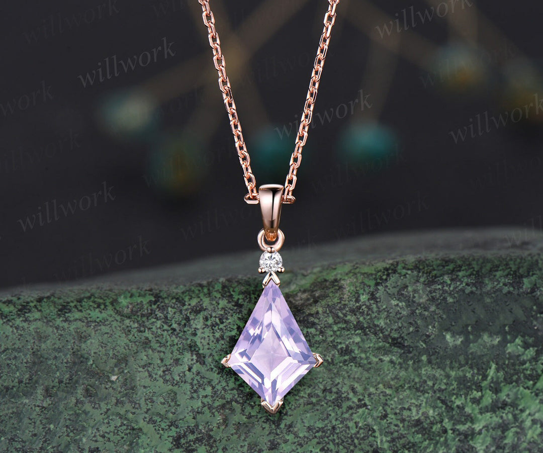 Kite Cut Lavender Amethyst Necklace Solid 14k 18k Rose Gold Vintage Unique Personalized Pendant For Women Her Anniversary Bridal Gift Mother