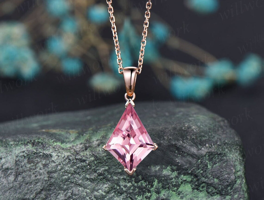 Kite Cut Padparadscha Sapphire Necklace Solid 14k 18k Rose Gold Vintage Unique Personalized Pendant Women Her Anniversary Bridal Gift Mother