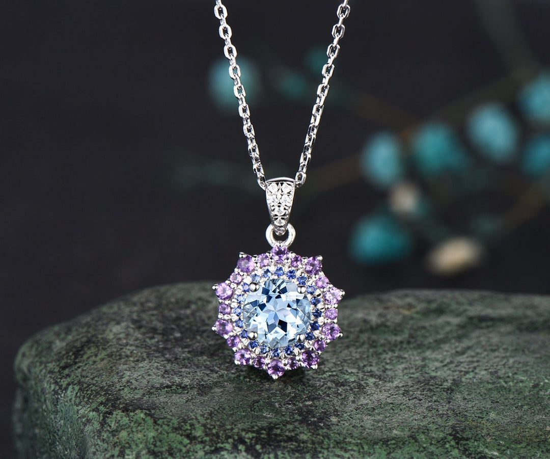 1ct Round Cut Aquamarine Necklace White Gold Snowdrift Double Halo Sapphire Amethyst Pendant Women Anniversary Gift Jewelry