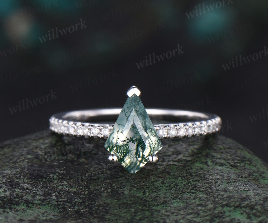 Kite Cut Natural Moss Agate Engagement Ring Solid 14k White Gold Half Eternity Diamond Ring Unique Wedding Anniversary Gift