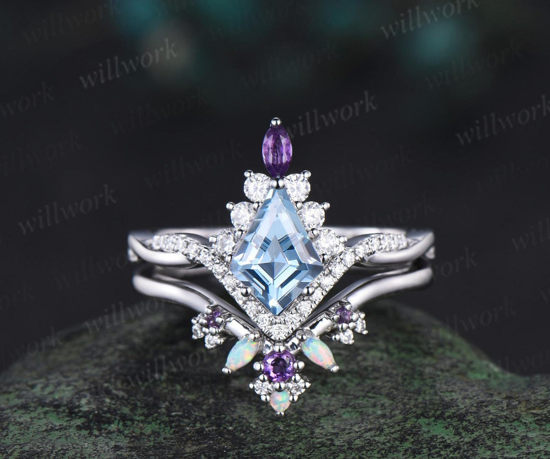 Kite Cut Aquamarine Engagement Ring Set Twisted Halo Diamond Ring Vintage 14k White Gold Amethyst Promise Wedding Ring Set Women Gift