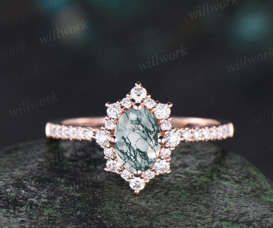 1ct Oval Cut Moss Agate Engagement Ring Snowdrift Halo Diamond 14k Rose Gold Ring Women Half Eternity Unique Wedding Promise Ring