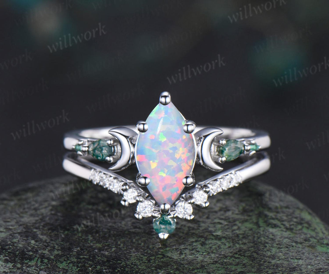 Marquise White Opal Engagement Ring Set Women 14k White Gold 6 Prong Five Stone Moon Stacking Anniversary Ring Set Gift