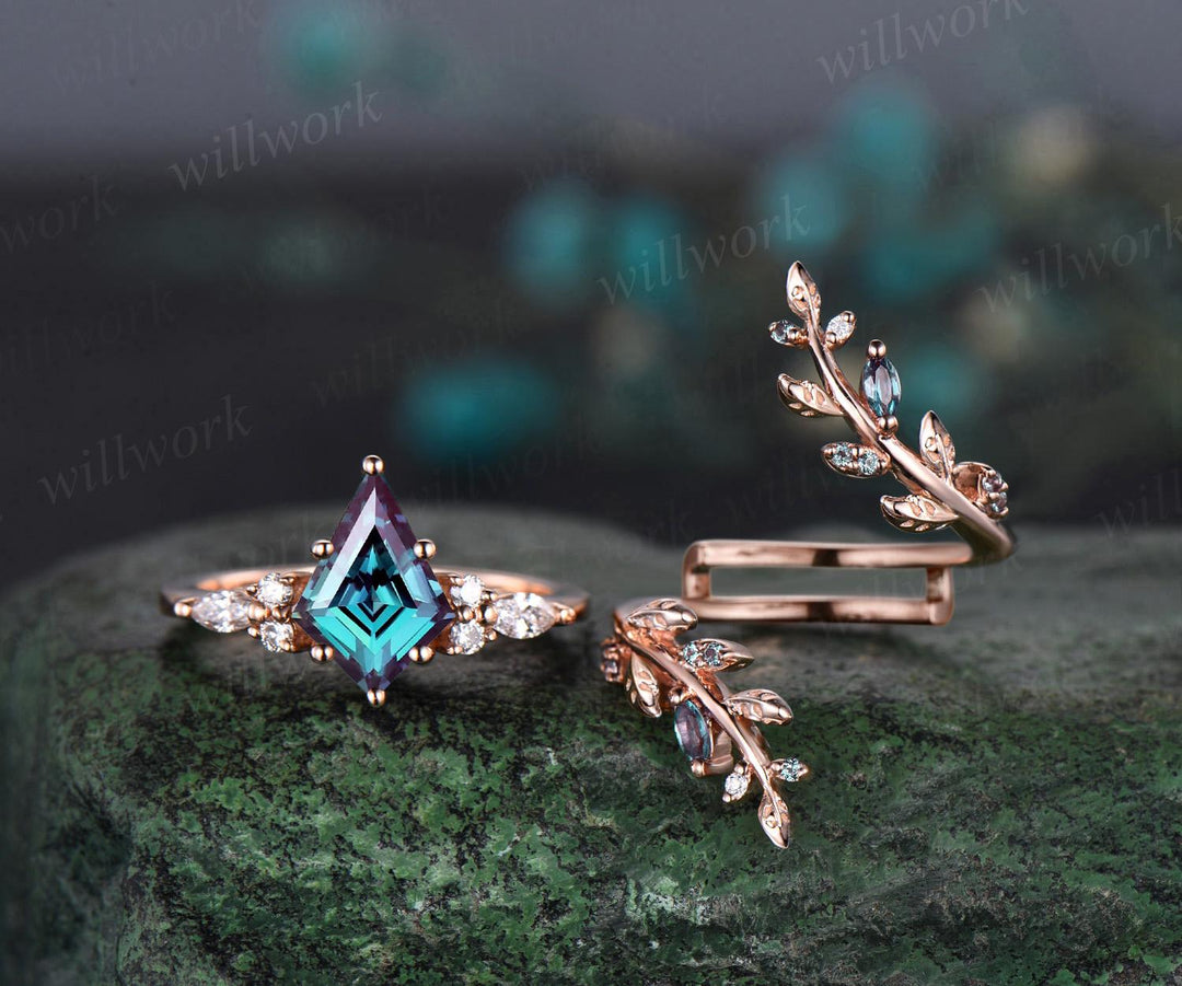 Kite Cut Alexandrite Engagement Ring 14k Rose Gold Leaf Nature Inspired Cluster Diamond Wedding Band Enhancer Unique Wedding Ring Set Women