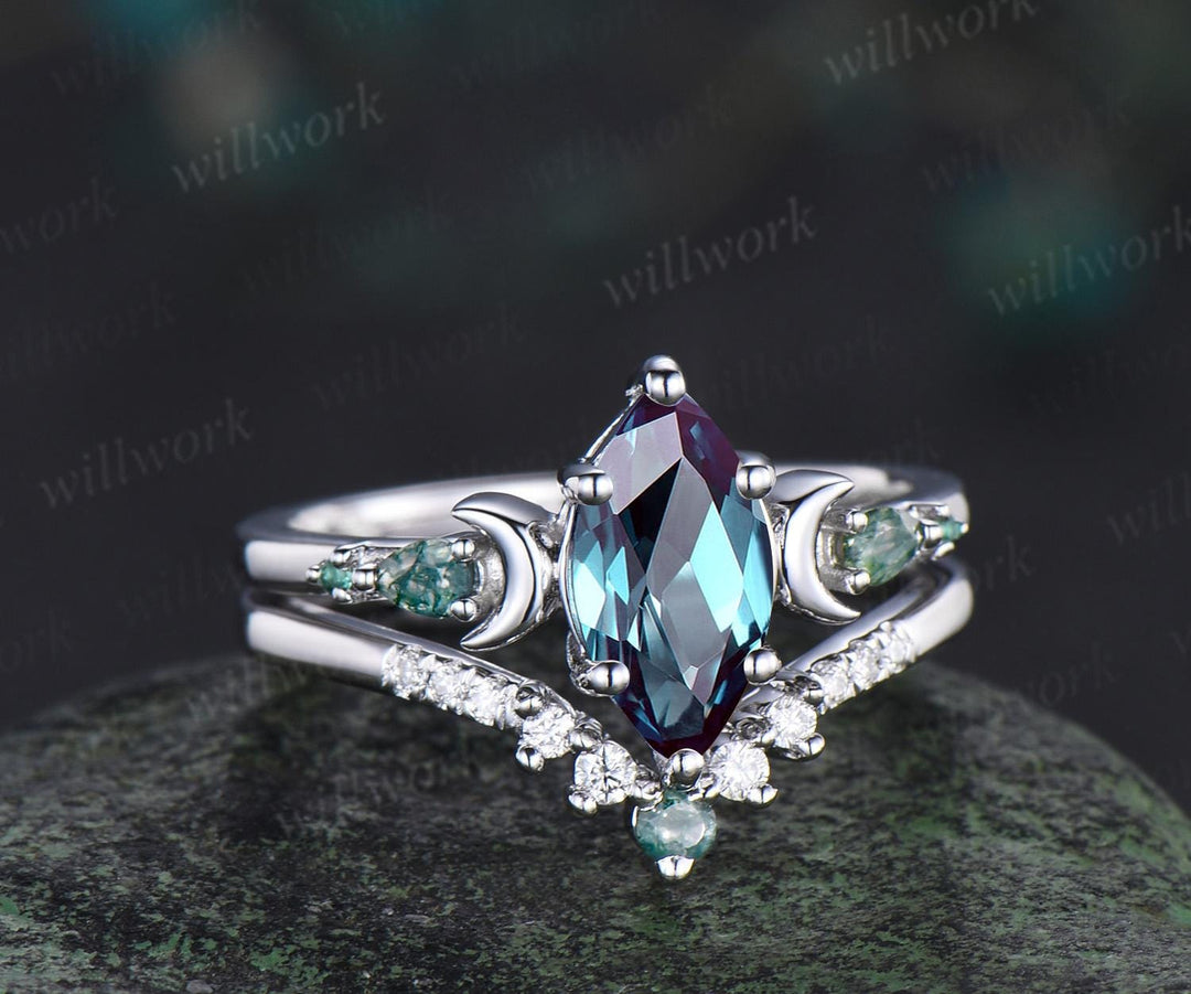 1ct Marquise Cut Alexandrite Engagement Ring Set Women 14k White Gold 6 Prong Five Stone Moon Moss Agate Stacking Bridal Ring Set