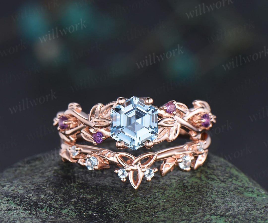 Hexagon Cut Natural Aquamarine Engagement Ring Set Amethyst Nature Inspired Celtic Knot Wedding Ring Band Women Bridal Set Women Jewelry