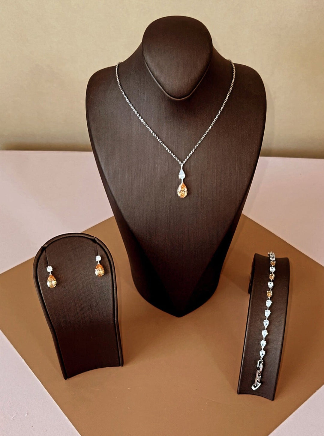 Lilit- Gold Simulated Diamond Jewelry Set With Necklace, Bracelet, Drop Earrings *Final Sale*