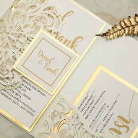 ivory laser cut pocket fold with modern invitation set on a mirrored backer CLCI002
