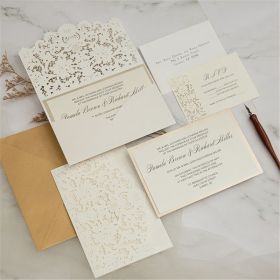 elegant ivory laser cut wedding invitations with mirror gold backers CLCI040