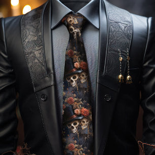 Kissing Skeletons, Blush Pink Roses Gothic Wedding Neck Tie