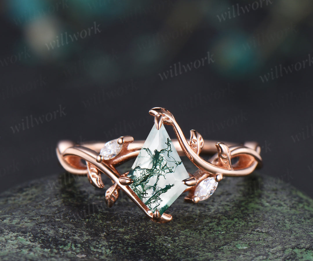 Kite/Heart/Princess/Coffin/Hexagon Cut Nature Inspired Twig Natural Green Moss Agate Engagement Ring Twisted Infinity Promise Ring Anniversary Gift