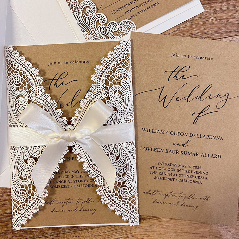 Kraft Wedding Invitation Set Personalised Lace Wedding Card Rustic Elegant Wedding
