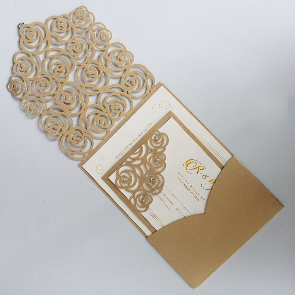 Lace Pocket Wedding Invitation Gold Rose Wedding Invites