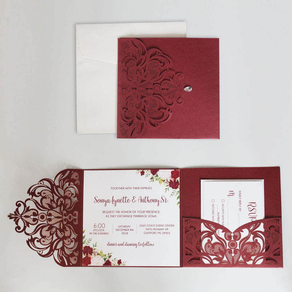 Laser Cut Wedding Invitation Cards With RSVP Cards Burgundy Invitations 15x15cm