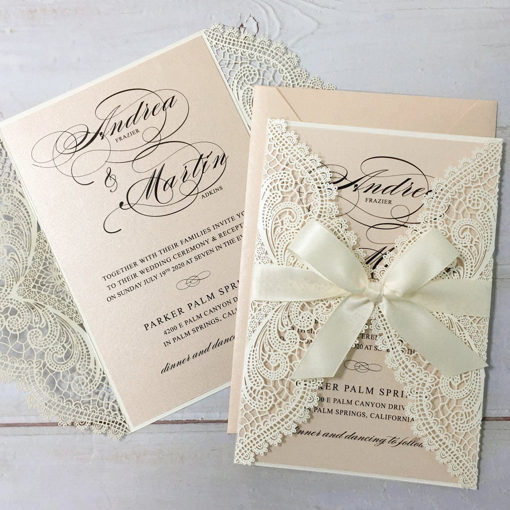 Laser Cutting Wedding Invitations with RSVP Cards, Blush Pink Shimmer Invitation Cards
