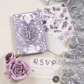 Lavender Floral Letterpress Laser Cut Wedding Invitation With Silver Acrylic Name Tag Swws373T