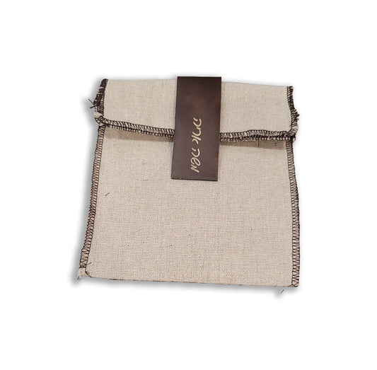 Linen Pouch With Brown Serged Edge And Leather Tag