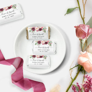 Love is Sweet, Burgundy Blush Pink Floral Wedding Hershey's Miniatures