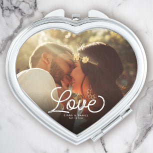 LOVE Modern Calligraphy Simple Photo Wedding Compact Mirror