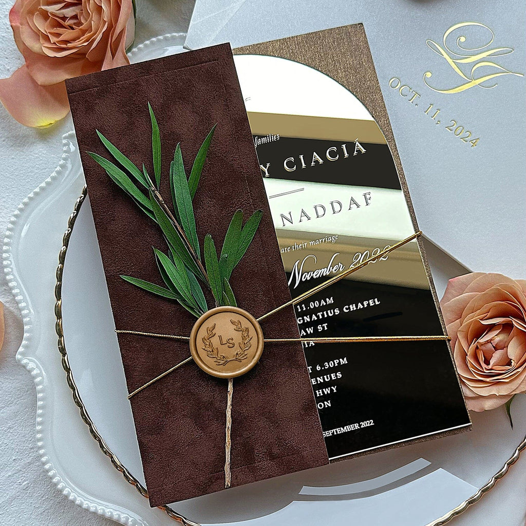 Luxury Arch Mirror Gold Acrylic Wedding Invitations, Vintage Terracotta Velvet Invites with Pearl Lined, Elegant Handmade Botanical and Wax Seal Invitation