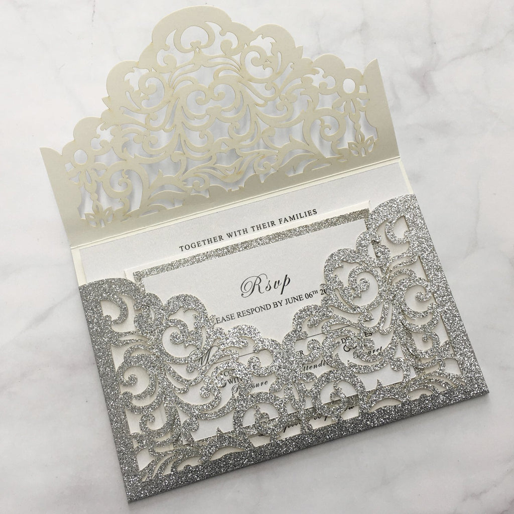 Luxury Glitter Silver Wedding Invitations, Grey Pocket Invitation Cards With RSVP Cards